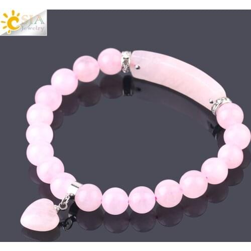 CSJA Natural Stone Crystal Bracelets Rose Pink Quartz Bracelet Love Heart Charms Bangle Girl Amulets Jewelry for Lover Gift F575