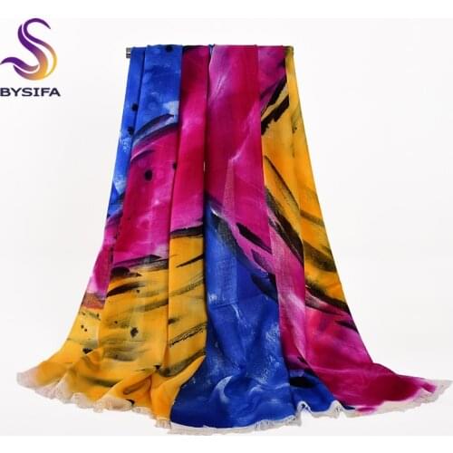 [BYSIFA] Winter Wool Scarves Wraps Women Chinese Hand Painted Long Wool Shawl Scarf Blue Pink Yellow Cashmere Scarves 180*70cm