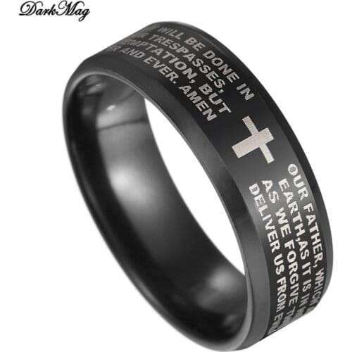 DarkMag Stainless Steel Black Color Jesus Cross Ring Letter Bible Prayer Finger Rings For Men 8mm Amulet Jewelry