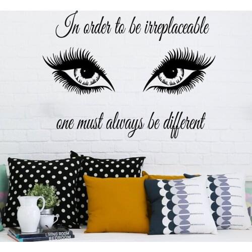 In Order To Be Irreplaceable Art Quote Wall Decal Eyes Eyelashes Makeup Girl Cosmetic Vinyl Wall Sticker Beauty Salon Decor 4132