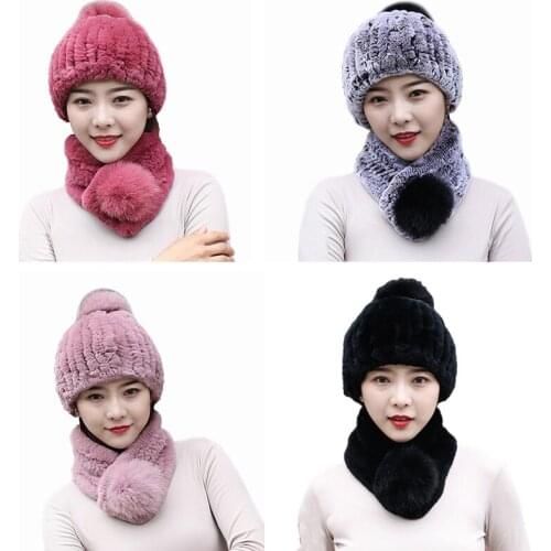 Womens Winter Fur Scarf and Hats For Christmas Sets Real Rex Rabbit Fur Warm Cap High Elastic Fluffy Soft