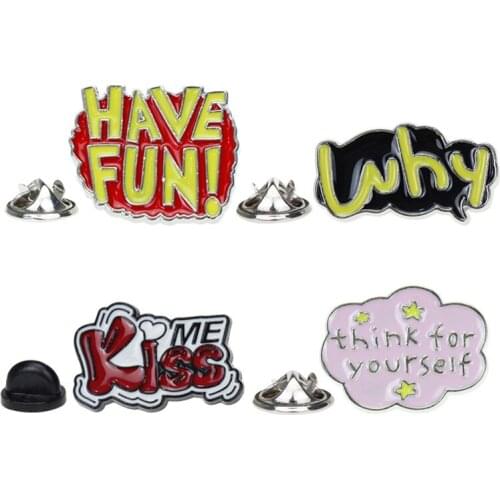 Exclamation word English phrase KISS, WHY metal drip brooch for friends to decorate backpack messenger bag accessories