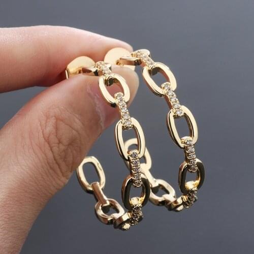 EYIKA Punk Micro Pave Shiny Cubic Zirconia Big Hoop Earring for Women Link Chain C Shape Pendientes Hip Hop Jewelry Accessories