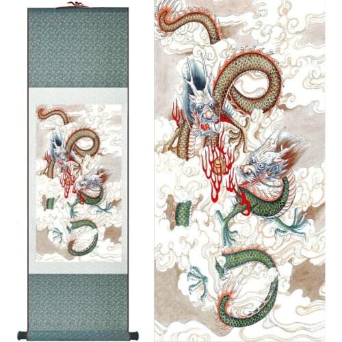 Dragon painting two dragons playing the fire ball Chinese scroll painting dragon painting