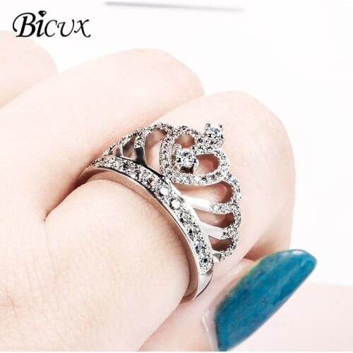 BICUX Wedding Antique Silver Color Female Crystal Crown Rings for Women Men Engagement Vintage Cubic Zirconia Ring Jewelry