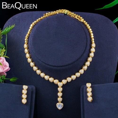 BeaQueen Shiny Heart Shape Wedding Jewelry Sets Micro Pave Full Cubic Zirconia 585 Gold Color Necklace and Earrings Set JS247