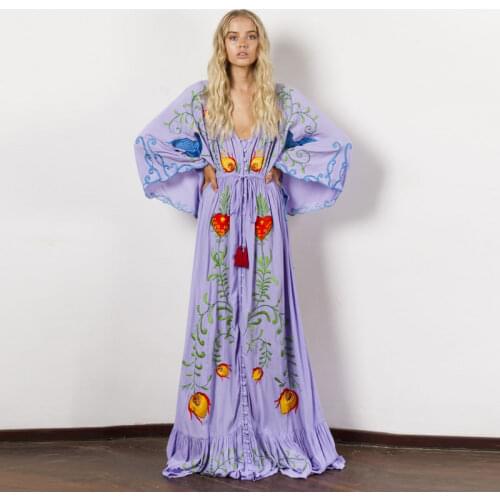 Summer new dress Bohemian travel holiday island beach dress ultra-loose embroidery flowers retro tassel ultra-long dress