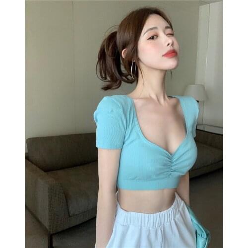 2021 Girls' Summer Wear New Knitted Short Open Navel Top Korean Slim T-Shirt Short Sleeve T-Shirt Women