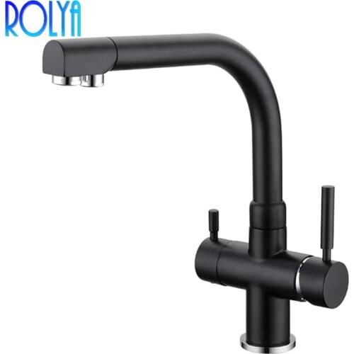 ROLYA Wholesale New Arrival Solid Brass Matt Black 3 Way Kitchen Mixer Faucet Crane Tap Hot Cold And Pure Water Filter