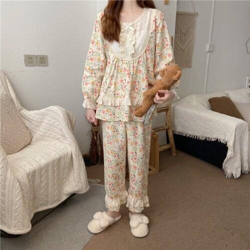 Autumn winter women pajama set homewear lace embroidery floral print long sleeve pullovers trousers home clothes sleepwear L332