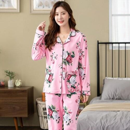 Pink floral print home clothing full pure cotton pajama sets for female autumn and winter plus size 4XL cardigan women sleepwear