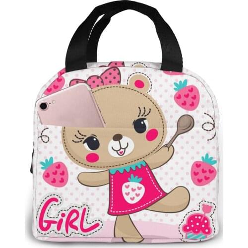 Insulated Lunch Bag Thermal Bear Girl With Strawberry Cupcake Tote Bags Cooler Picnic Food Lunch Box Bag For Girls Men Children