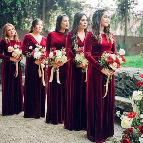Custom Made Long Sleeves Velvet A Line Dark Red V Neck Wedding Guest Dresses Bridesmaid Dresses 2021