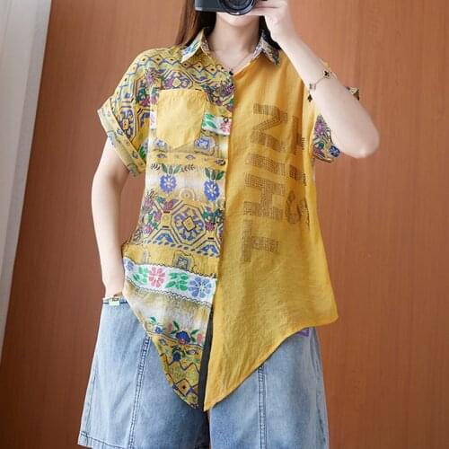 Women Summer Cotton Casual Shirts New Arrival 2021 Fashion Street Style Vintage Print Loose Female Short Sleeve Tops B161