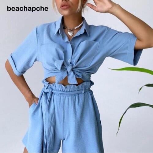 BeachapcheCasual Button Women Summer Candy Color Suit Fashion Short Sleeve Shirt Tops And Belt 2 Piece Set Lace-Up Shorts Outfit