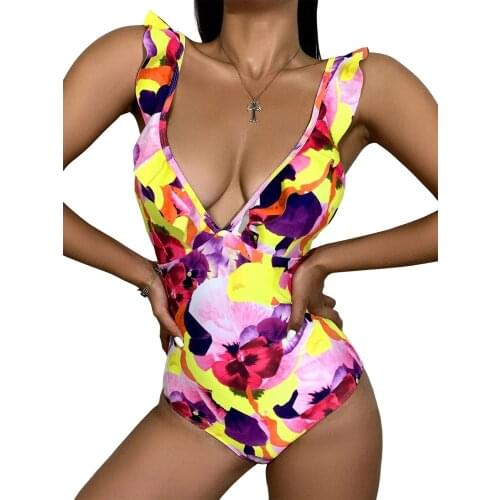 Womens Printed One-piece Swimsuit Deep V-neck Backless Ruffled Tank Slimming Triangle Swimwear
