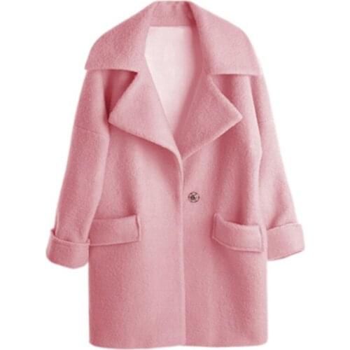 Savabien Women Long Coat Invierno Mujer 2019 Single Button Lapel Long Sleeve Wool Blend Coat Pink Cute Elegant Female Overcoat
