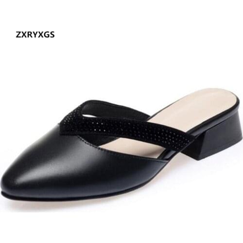 2021 Pointed Rhinestone Genuine Leather Slippers Fashionable Sandals Comfortable Low Heel Shoe Large Size Women Slippers Sandals