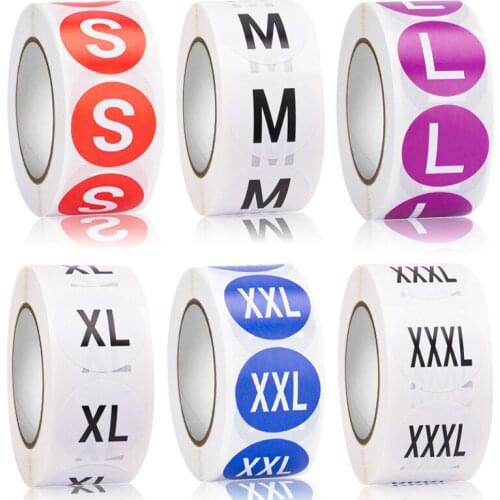 500pcs / Roll Clothing Size Sticker Labels Colorful Coded Adhesive Labels Round Clothing Sticker Labels XS, S, M, L, XL, XXL