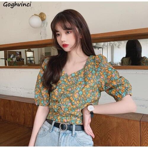 Y2k Blouses Women Summer Floral V-neck Pullover Crop Top Soft Vintage Casual French Style Tunic Ins College Sweet Harajuku Mujer