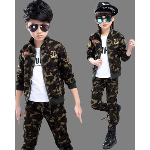 Childrens Camouflage Suit Spring Fall Girls Military Uniform Boys Special Forces Camouflage Clothes 2 Pcs Kids Sports Set X126