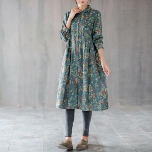 Lamtrip Plus Size Cotton Yarn Peter Pan Collar Retro Floral Print Village Long Sleeve Single Breasted Dress 2021 Spring