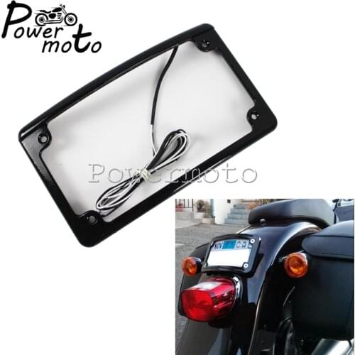 Black Motorcycle Curved LED License Plate Frame 6PCS LED Light Fit Standard 7-3/16" x 4-1/4" License Plate For Harley Touring