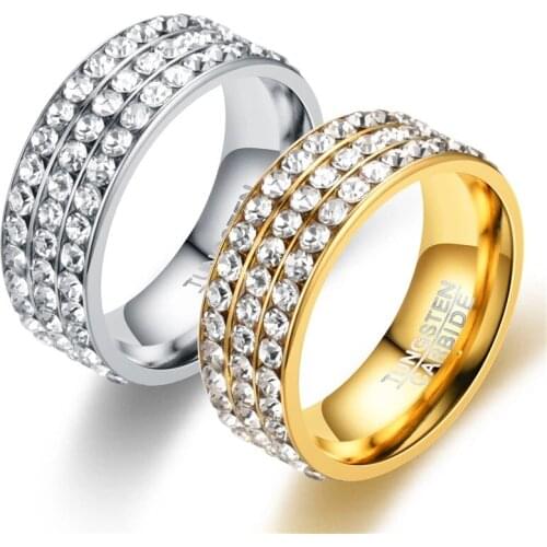 Stainless Steel Ring 3 Rows Gold Color Crystal Ring Wedding Rings For Women Men Jelwery