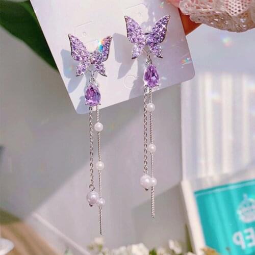 Korean Style Shiny Butterfly Drop Earrings For Women Rhinestone Pearl Tassel Earring Wedding Engagement Party Jewelry Gift