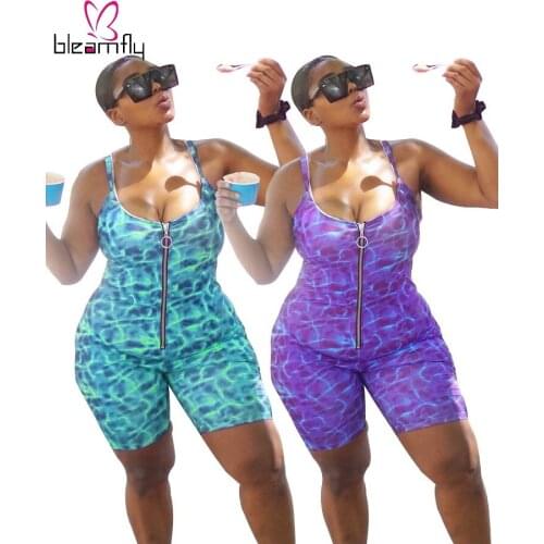 Summer Sexy Zipper Sleeveless Bodycon Jumpsuit One Piece Short Skinny Tie Dye Printed Rompers Backless Beach Playsuit 2021 4XL