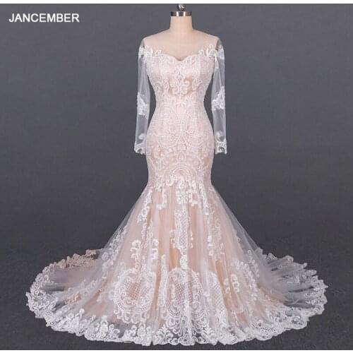 LSDZ06 Sexy V-Neck Cheap Champagne Crystal Mermaid Wedding Dress 2020 Long Sleeve Lace Up Back Appliques