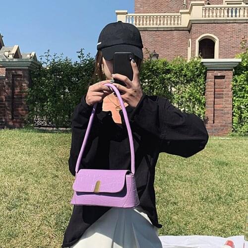 Fashion Baguette Handbag for Women 2020 Alligator Pattern Shoulder Handbags Ladies Retro Pure Color Tote Purse PU Armpit Bag