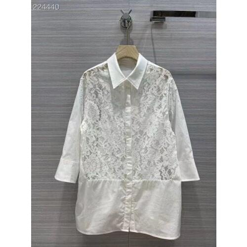 Fashion Womens Long Shirts 2021 Runway Lace Embroidery Single Breasted 3/4 Sleeves European Design White Blouse Ladies Clothing