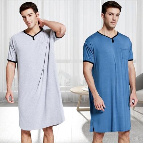 Mens Sleep Tops Solid Nightwear Short Sleeves Pyjamas Loose Casual Comfy Mid-length Sleeping Clothes Plus Size Sleep Wear