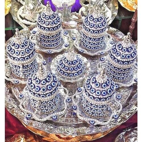 Set of 6 Authentic Evileye Turkish Coffee Cups and Saucers Set Lids with Arabic Set Handmade Home Decor Espresso Coffee set