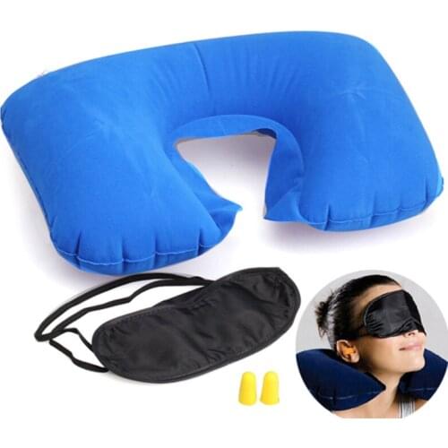 Inflatable Pillow Eye Patch Earplug Neck Pillow for Sleep Airplane Travel Accessories EK-New