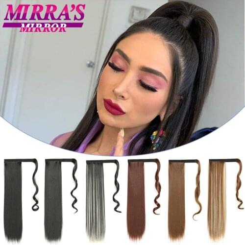 Straight Ponytail Extension Hair Wrap Around for Women Black Long Clip in Drawstring Pony Tail 22 Inch Synthetic Hairpiece