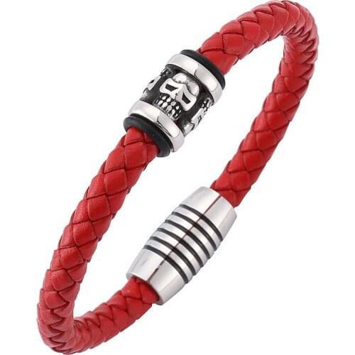 New Fashion Men Jewelry Punk Skeleton Skull Bracelet Red Braided Leather Men Bracelet Magnetic Clasps Man Bracelete Gift SP0201