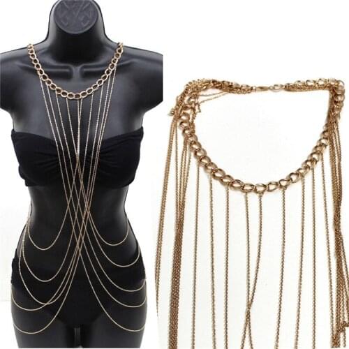 Sexy Summer Beach Tassel Body Waist Chain Fringe Cross Tie Shoulder Bikini Harness Belt Chain Waistband Necklace for Women Gift
