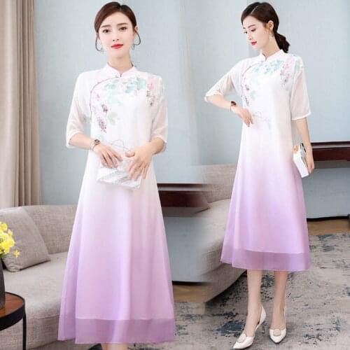 2021 Spring And Summer Retro Dress Chinese Style Tie-Dye Gradient Purple Cheongsam Hanfu Tea Service Girl Qipao Dress Midi zh703