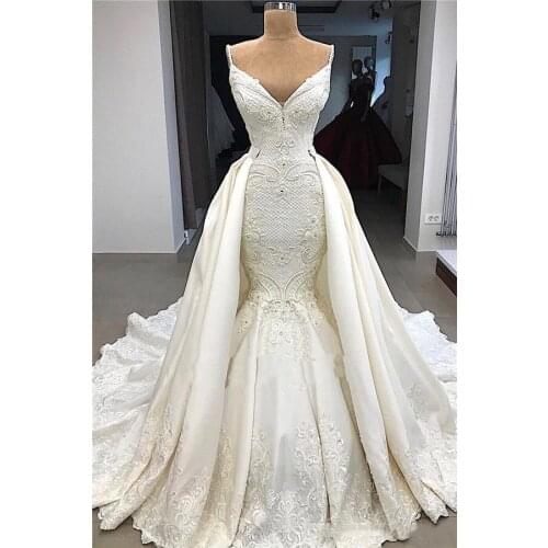 Gorgeous Mermaid Detachable Train Wedding Dresses Hot Plus Size Low Backless Spaghetti Straps Appliques 3D Flowers Ruched Vesti