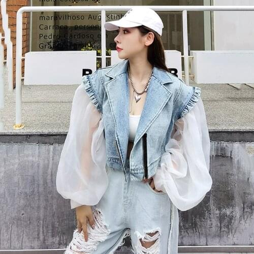 Women Coats Lantern Sleeve Color Matching Denim Jackets Womens Patchwork Loose Casual Short Jean Coat 2021 Fashion Mesh Jackets