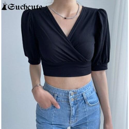 SUCHCUTE Puff Sleeve Elegent Fashion Tshirts Women Streetwear V-Neck Slim Cropped Shirts 90s Harajuku Casual Basic Solid Tee
