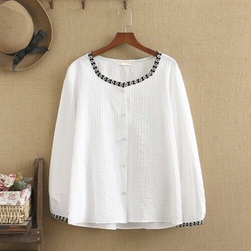 Plus Size Shirt For Women Square Collar Neckline Flower Trim Long Sleeve Tops Large Size Cotton Shirt In Autumn For Fatwomen