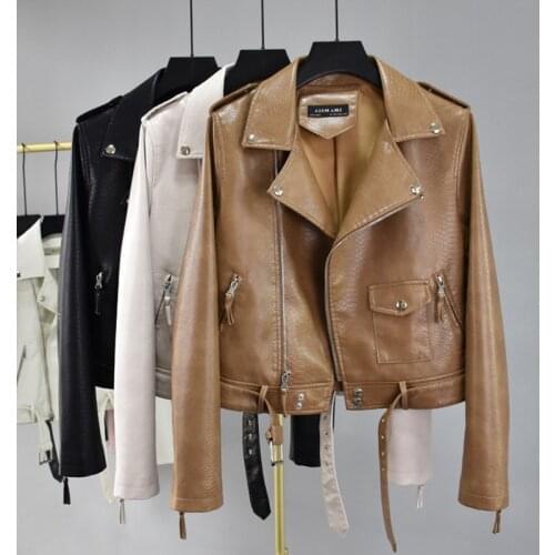 FMFSSOM 2021 Faux Leather Snake Print Jackets Women Spring Rivet Zipper Belt Overcoat Slim Motorcycle Full Coat