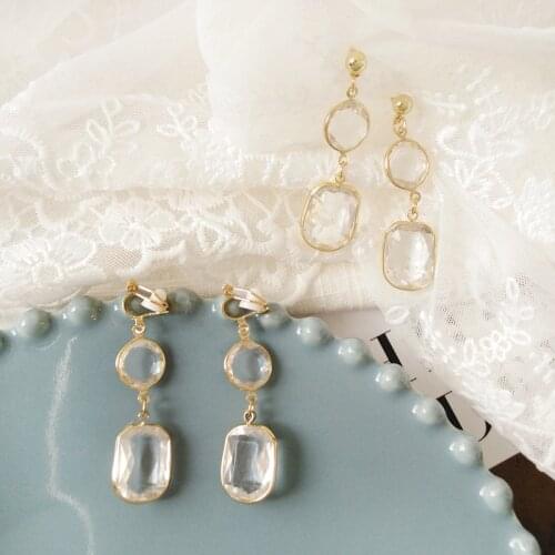 French Women Elegant Transparent Round and Square Crystals Resin Geometric Clip Earrings No pierced ear clip boucle d'oreille