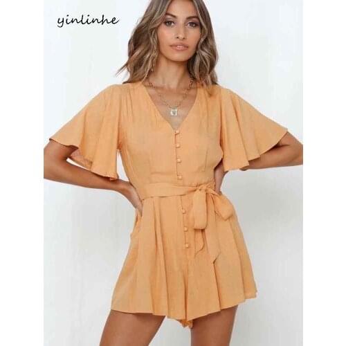 Yinlinhe Orange Playsuit Summer Overalls For Women Flare Sleeve Linen Button Short Jumpsuit Women Rompers Bow Tied Outfits 1912