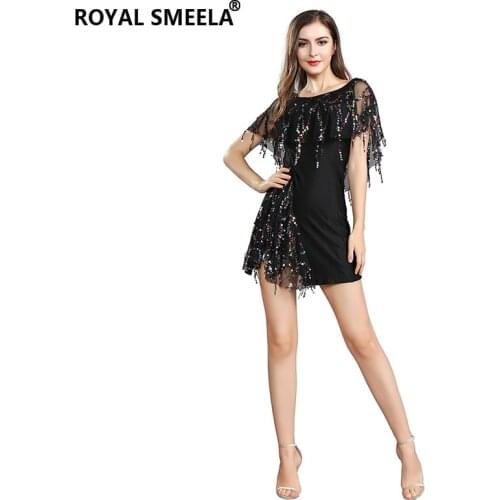 Women Sequin Embroidery Tassel Short Dress Night Club Costume Black Dresses Fringed for Party Prom Sexy Evening Banquet Dresses