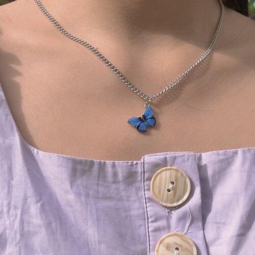 Women Korean Blue Gradient Butterfly Necklace Girls Silver Color Rainbow Butterflies Pendant Choker Necklaces Jewelry Gift