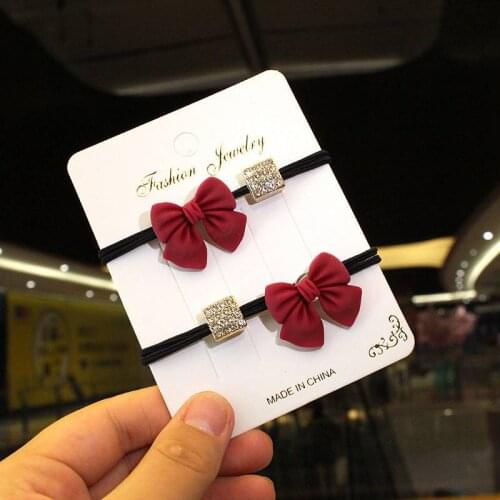 5 PCS Trend Red Bow Hair Circle Diamond Block Stretchy Hair Bobbles Girls Hairbands Ponytail